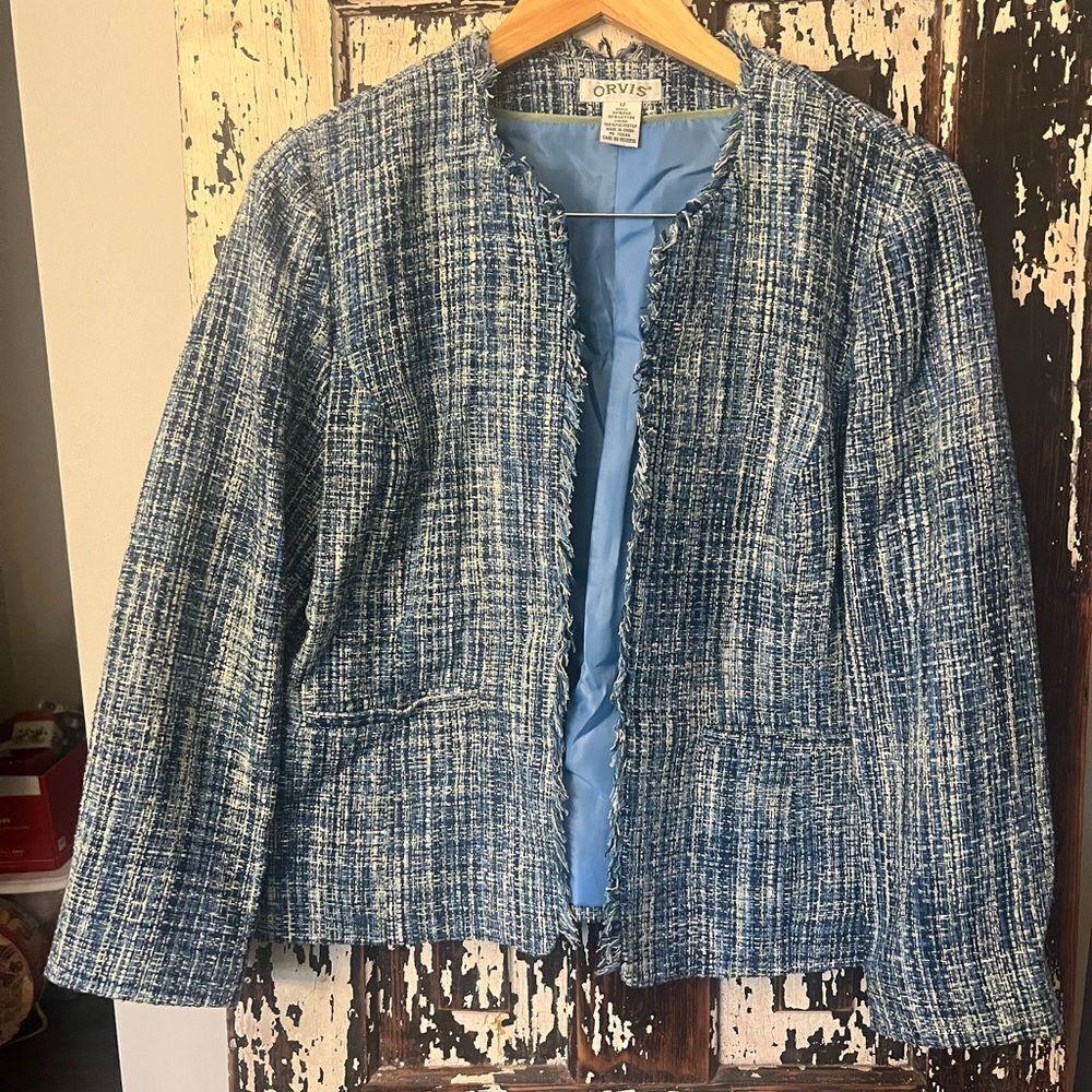 Orvis Blue and black women’s Textured open blazer Jacket. Size 12.
